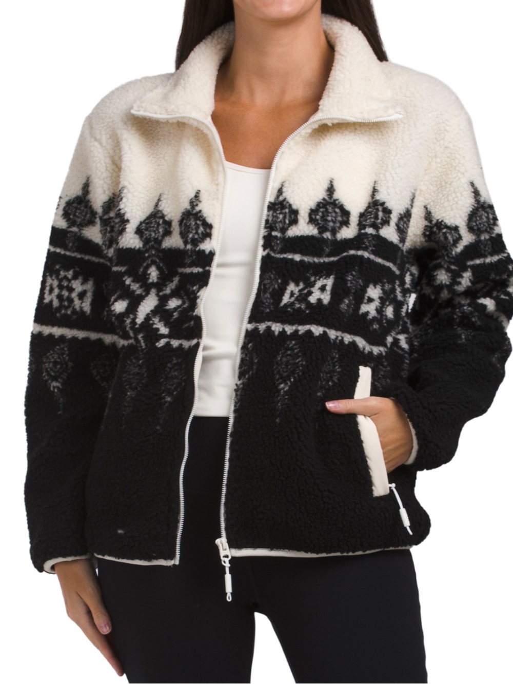 Mondetta Women's Black & Cream Sherpa Zip Jacket